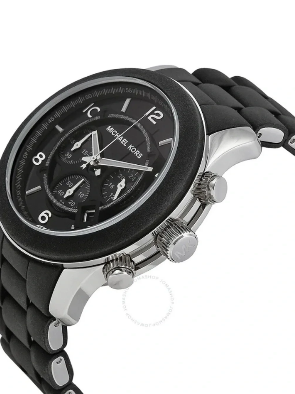 Michael Kors Black Silver Chronograph Silicone Watch New Batteries w/MK Dust Bag